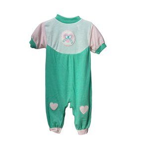 Terry Brand Teal White Pink Bow Size Large Button Bottom Footless Short Sleeve O